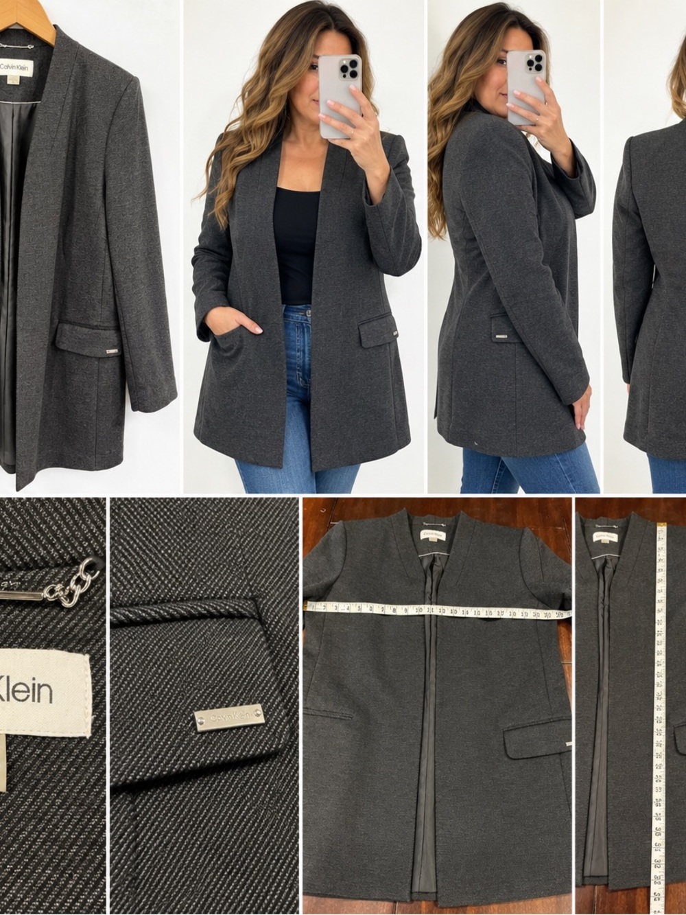 Calvin Klein Women’s Size 16 Charcoal Gray Longline Open Front Blazer Jacket